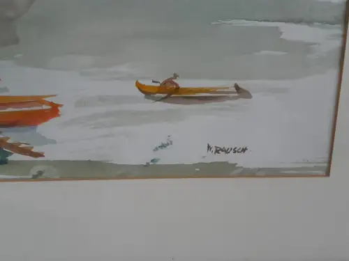 H1427-Aquarell-Bild-Flusslandschaft-Gemälde-Passepartout-signiert-gerahmt-