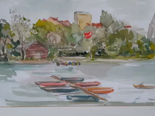 H1427-Aquarell-Bild-Flusslandschaft-Gemälde-Passepartout-signiert-gerahmt-