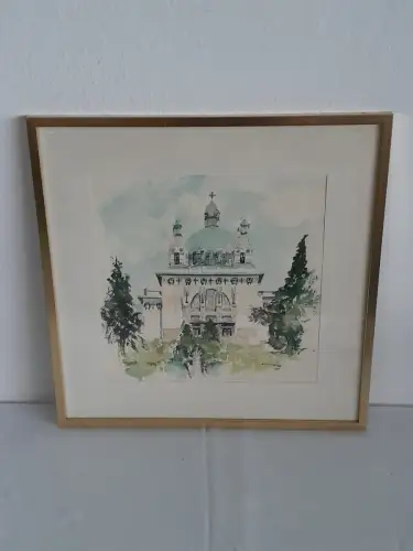 H1428-Aquarell-Kirche am Steinhof-Bild-Gemälde-signiert-gerahmt-Passepartout