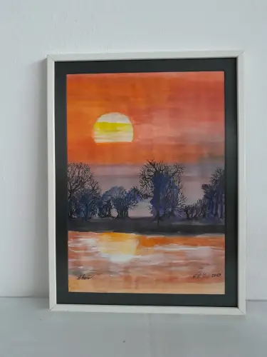 H1430-Aquarell-Bild-Gemälde-Landschaftsbild-Lobau-signiert-gerahmt