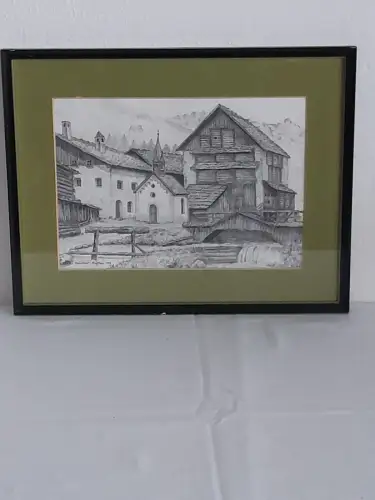 H1432-Bleistiftzeichnung-Bild-Gemälde-monogrammiert-gerahmt-hinter Glas