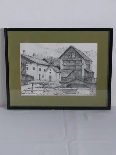 H1432-Bleistiftzeichnung-Bild-Gemälde-monogrammiert-gerahmt-hinter Glas