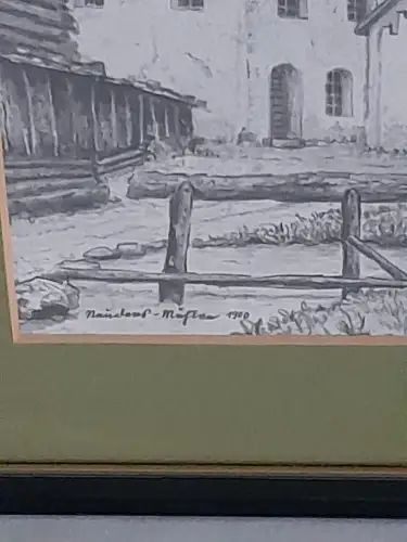 H1432-Bleistiftzeichnung-Bild-Gemälde-monogrammiert-gerahmt-hinter Glas