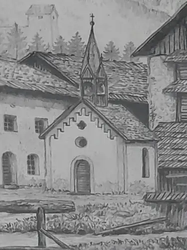 H1432-Bleistiftzeichnung-Bild-Gemälde-monogrammiert-gerahmt-hinter Glas