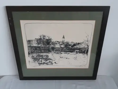 H1436-original-Radierung-Bild-Gemälde-hinter Glas-signiert-gerahmt-datiert