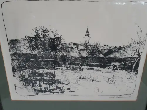 H1436-original-Radierung-Bild-Gemälde-hinter Glas-signiert-gerahmt-datiert