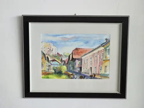 H1440-Aquarell-Bild-hinter Glas-Stadtbild-Gemälde-gerahmt-Passepartout