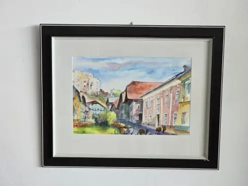 H1440-Aquarell-Bild-hinter Glas-Stadtbild-Gemälde-gerahmt-Passepartout
