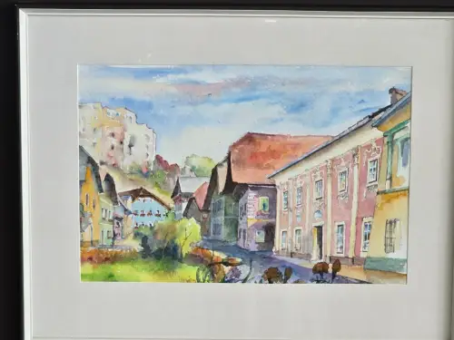 H1440-Aquarell-Bild-hinter Glas-Stadtbild-Gemälde-gerahmt-Passepartout