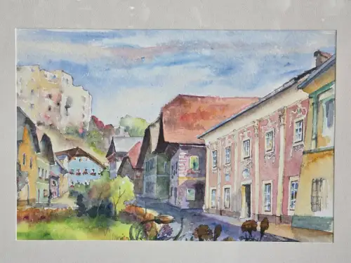 H1440-Aquarell-Bild-hinter Glas-Stadtbild-Gemälde-gerahmt-Passepartout