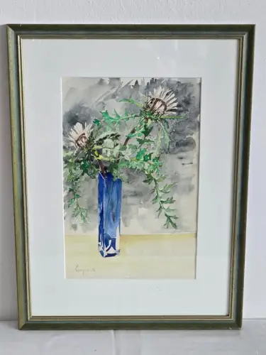 H1444-Aquarell-Stillleben-Bild-Gemälde-hinter Glas-Passepartout-gerahmt