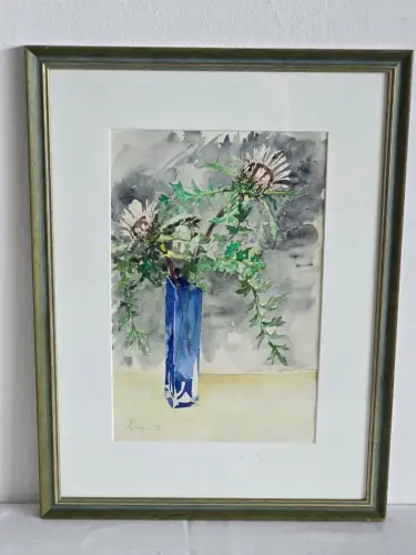 H1444-Aquarell-Stillleben-Bild-Gemälde-hinter Glas-Passepartout-gerahmt