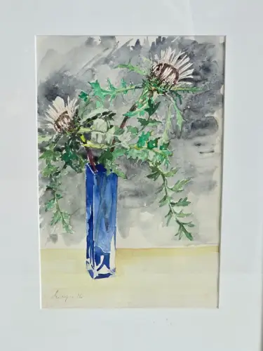 H1444-Aquarell-Stillleben-Bild-Gemälde-hinter Glas-Passepartout-gerahmt