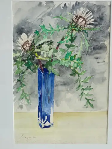 H1444-Aquarell-Stillleben-Bild-Gemälde-hinter Glas-Passepartout-gerahmt