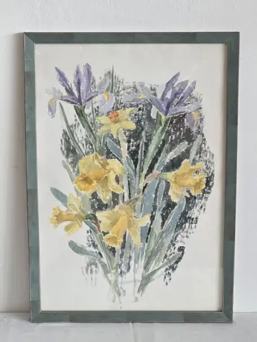 H1445-Aquarell-Bild-Gemälde-hinter Glas-Stillleben-gerahmt