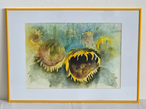 H1446-Aquarell-Stillleben-Bild-Gemälde-hinter Glas-gerahmt-Passepartout