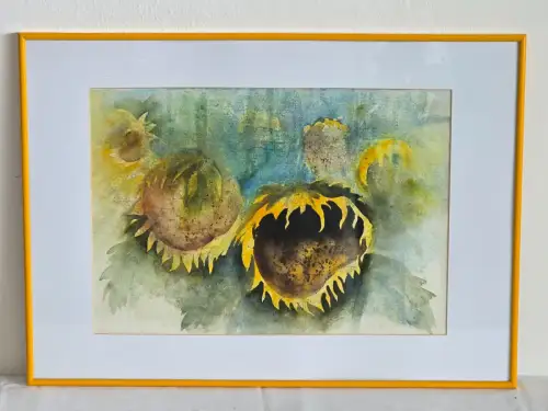 H1446-Aquarell-Stillleben-Bild-Gemälde-hinter Glas-gerahmt-Passepartout