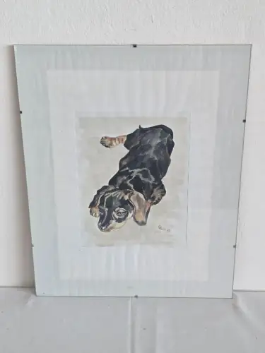 H1448-Aquarell-Tierportrait-Dackel-Bild-Gemälde-signiert-hinter Glas