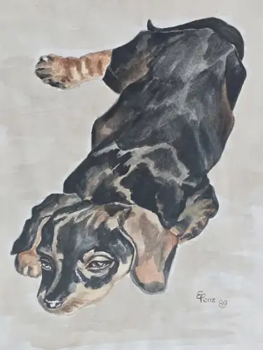 H1448-Aquarell-Tierportrait-Dackel-Bild-Gemälde-signiert-hinter Glas