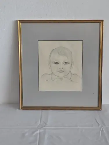 H1450-Bleistiftzeichnung-Kleinkind-Portrait-datiert-signiert-gerahmt-Bild