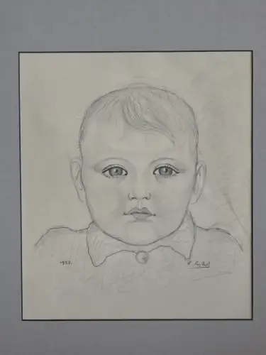 H1450-Bleistiftzeichnung-Kleinkind-Portrait-datiert-signiert-gerahmt-Bild