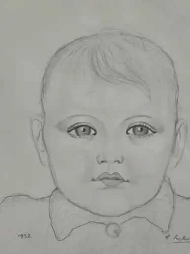 H1450-Bleistiftzeichnung-Kleinkind-Portrait-datiert-signiert-gerahmt-Bild