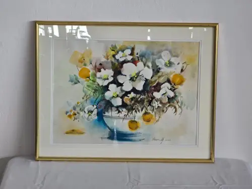 H1453-Aquarell-Stillleben-Blumenvase-hinter Glas-signiert-datiert-gerahmt