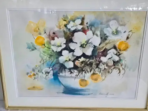 H1453-Aquarell-Stillleben-Blumenvase-hinter Glas-signiert-datiert-gerahmt