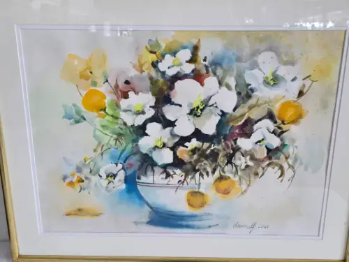 H1453-Aquarell-Stillleben-Blumenvase-hinter Glas-signiert-datiert-gerahmt