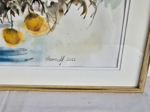 H1453-Aquarell-Stillleben-Blumenvase-hinter Glas-signiert-datiert-gerahmt