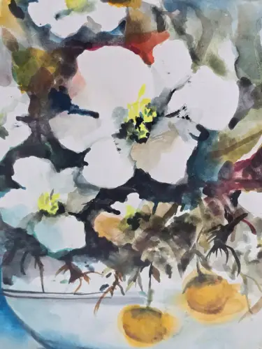 H1453-Aquarell-Stillleben-Blumenvase-hinter Glas-signiert-datiert-gerahmt