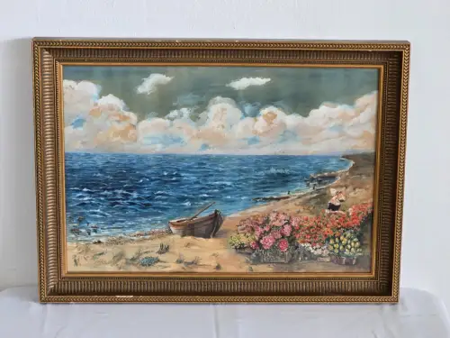 H1454-Aquarell-Küstenbild-gerahmt-Gemälde-signiert-hinter Glas-Bild-