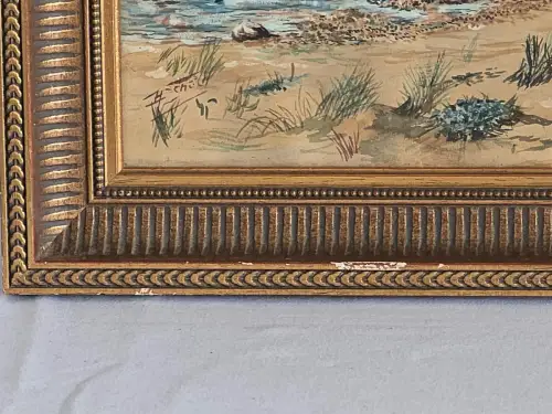 H1454-Aquarell-Küstenbild-gerahmt-Gemälde-signiert-hinter Glas-Bild-