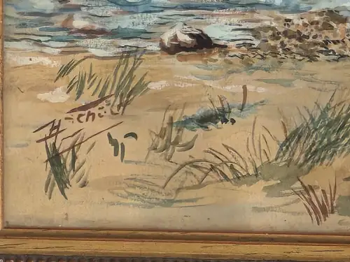 H1454-Aquarell-Küstenbild-gerahmt-Gemälde-signiert-hinter Glas-Bild-