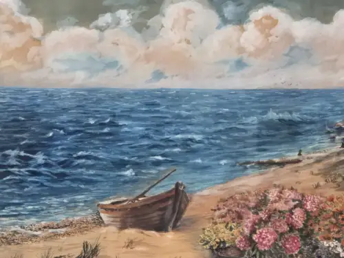 H1454-Aquarell-Küstenbild-gerahmt-Gemälde-signiert-hinter Glas-Bild-