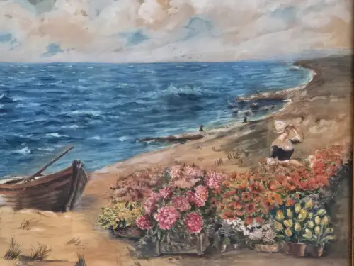 H1454-Aquarell-Küstenbild-gerahmt-Gemälde-signiert-hinter Glas-Bild-