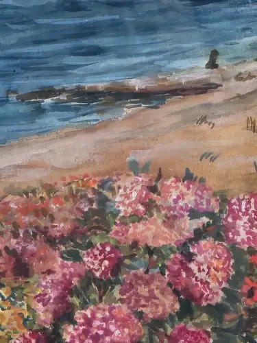 H1454-Aquarell-Küstenbild-gerahmt-Gemälde-signiert-hinter Glas-Bild-