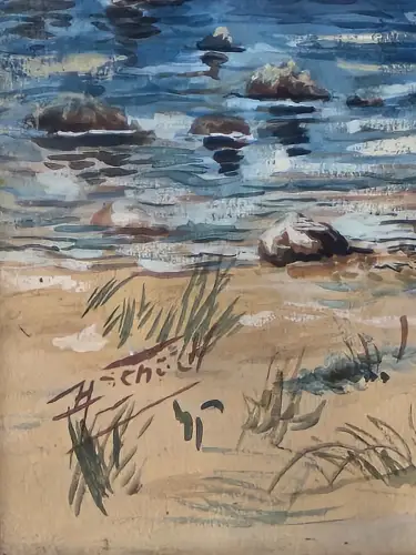 H1454-Aquarell-Küstenbild-gerahmt-Gemälde-signiert-hinter Glas-Bild-