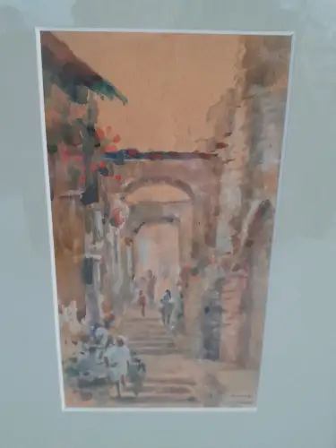 H860-Stadtbild-Aquarell-Bild-Gemälde-signiert-gerahmt-Passepartout-hinter Glas