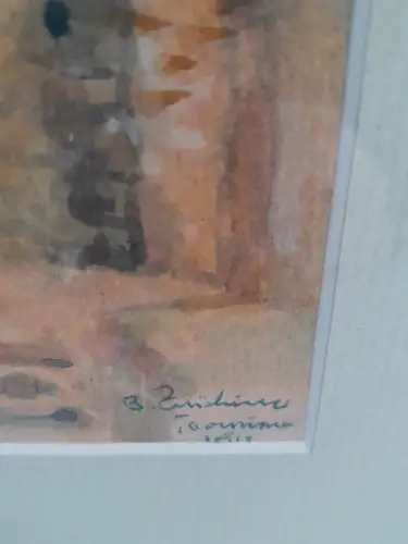 H860-Stadtbild-Aquarell-Bild-Gemälde-signiert-gerahmt-Passepartout-hinter Glas