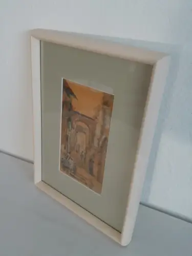 H860-Stadtbild-Aquarell-Bild-Gemälde-signiert-gerahmt-Passepartout-hinter Glas