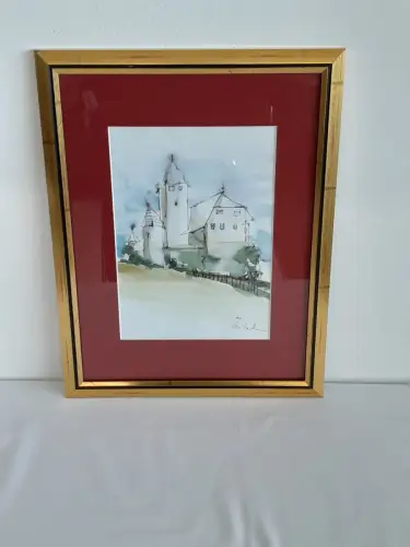 H861-Aquarell-Landschaftsbild-Gemälde-Bild-signiert-gerahmt-datiert-Passepartout