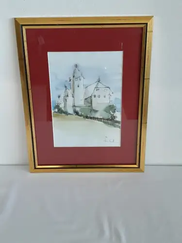 H861-Aquarell-Landschaftsbild-Gemälde-Bild-signiert-gerahmt-datiert-Passepartout