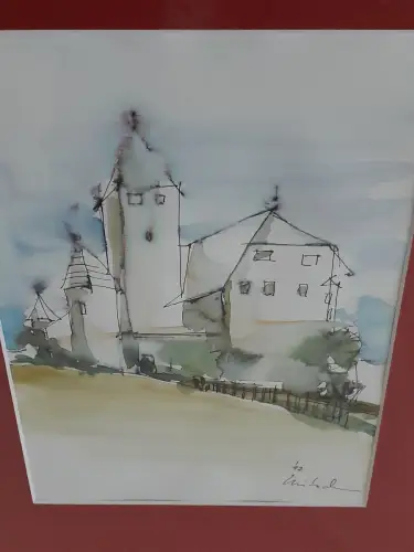 H861-Aquarell-Landschaftsbild-Gemälde-Bild-signiert-gerahmt-datiert-Passepartout