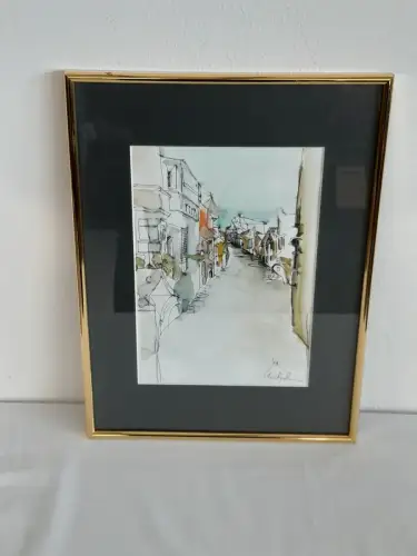 H862-Aquarell-Landschaftsbild-Gemälde-Bild-signiert-gerahmt-hinter Glas