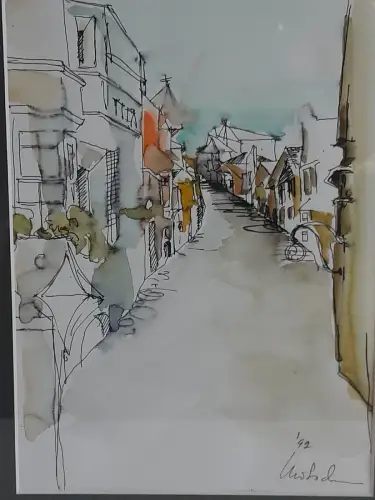 H862-Aquarell-Landschaftsbild-Gemälde-Bild-signiert-gerahmt-hinter Glas