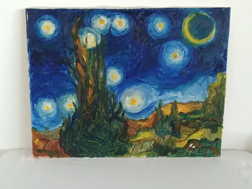 H814-Bild-Gemälde-Studie "Sternennacht"-nach Van Gogh-Öl auf Leinen-signiert