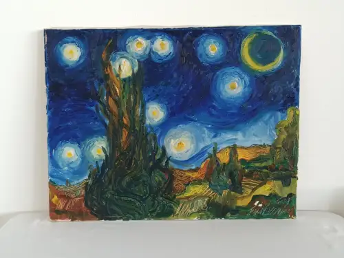 H814-Bild-Gemälde-Studie "Sternennacht"-nach Van Gogh-Öl auf Leinen-signiert