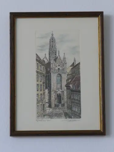 H80-Bild-Gemälde-Farbradierung-signiert-Stadtbild-Wien-gerahmt