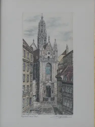 H80-Bild-Gemälde-Farbradierung-signiert-Stadtbild-Wien-gerahmt